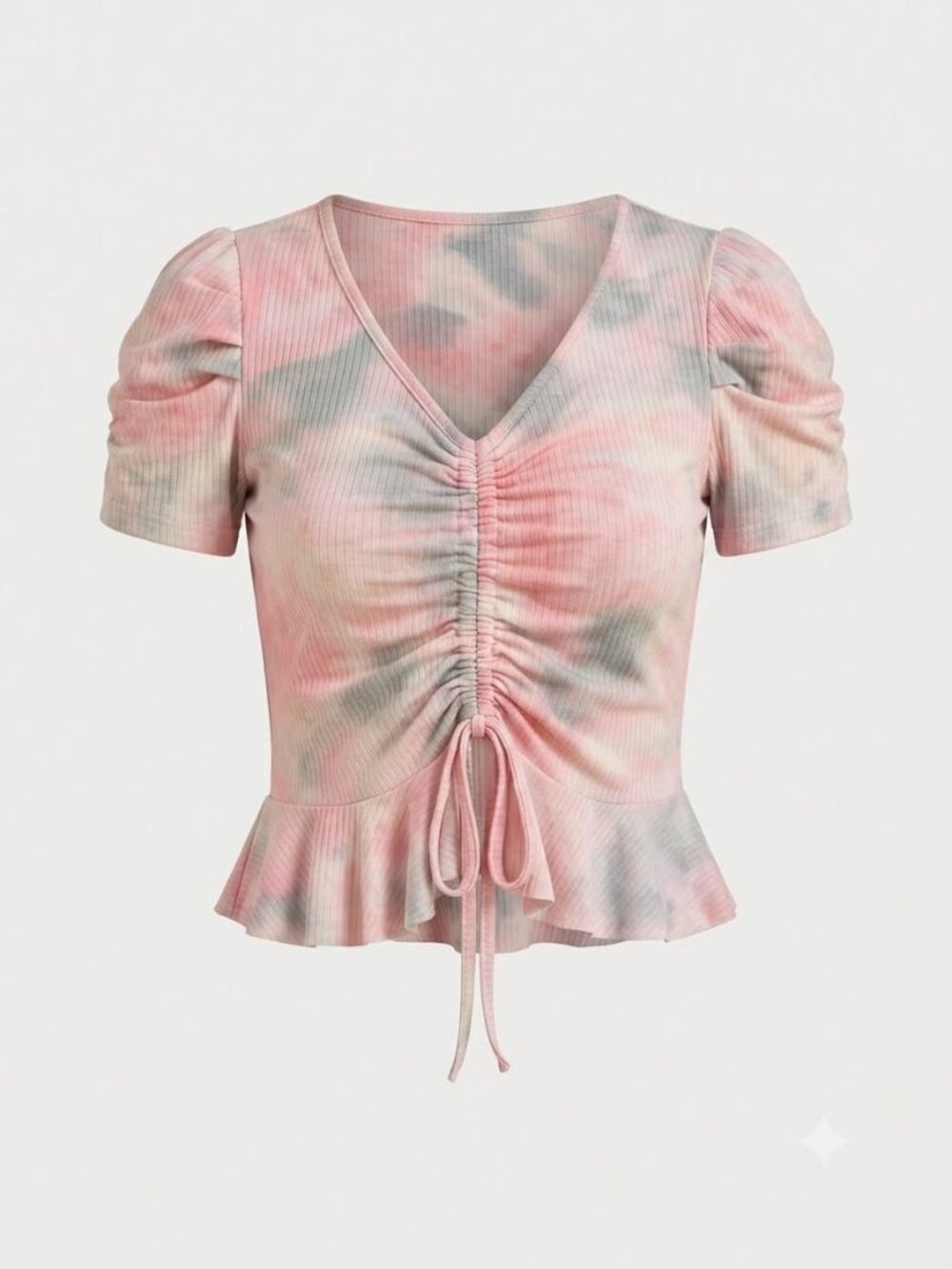 Women's Casual Summer V-Neck T-Shirt with Ruffled Sleeves and Drawstring Ruched
